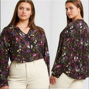 Ava Viv Blouse Popover Floral Navy Long Sleeve NWT Business Casual Women Plus